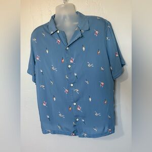 DIP Men's Short-Sleeve Button Up Dress Shirt Blue W/ Parrots Birds XL Blue Soft